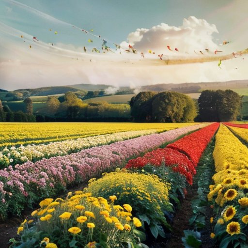 Сельскохозяйственное поле с здоровыми культурами, окруженное цветами, привлекающими полезных насекомых, на фоне синего неба и химических формул.