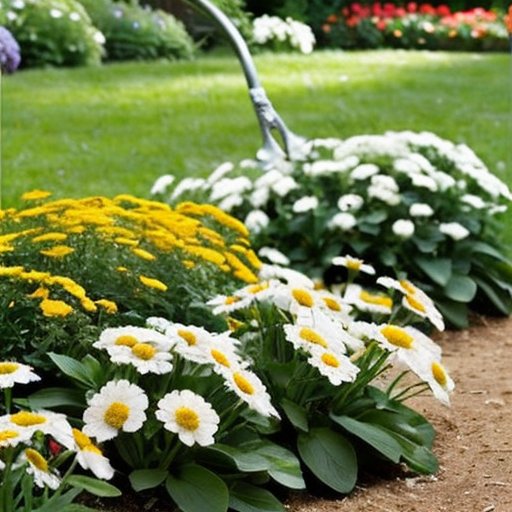 Яркий цветник с цветущим алиссумом на фоне солнечного неба и садовых инструментов.