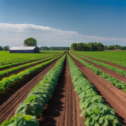 Пышное поле арахиса с зелеными растениями, ясное небо и фермерская постройка на фоне.