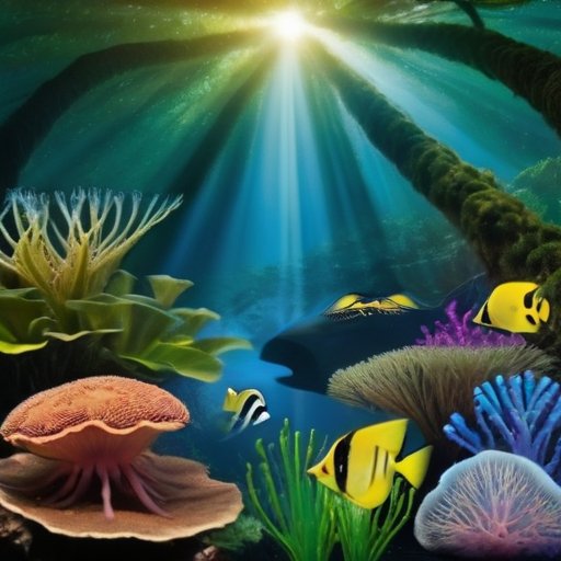 Яркая экосистема с лесом и подводной средой, показывающая взаимосвязь автотрофов и поток энергии.