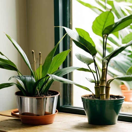 Уютное помещение с ярким бамбуком в стильном горшке, естественным светом и садовыми инструментами.