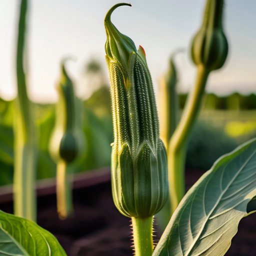 Яркое растение бами, зеленые стебли, большие листья, плоды, солнечный фон, свежие овощи.