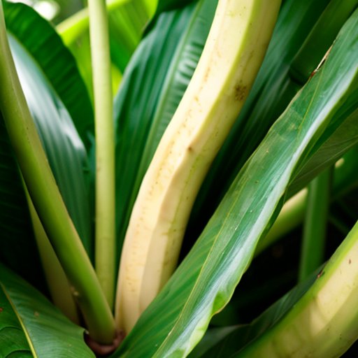 Плодородная банановая плантация с ярко-зелеными растениями и спелыми гроздьями бананов под ясным голубым небом.