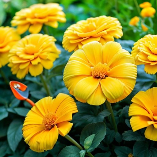 Яркий цветник с цветущими бархатцами на фоне синего неба и зелени.