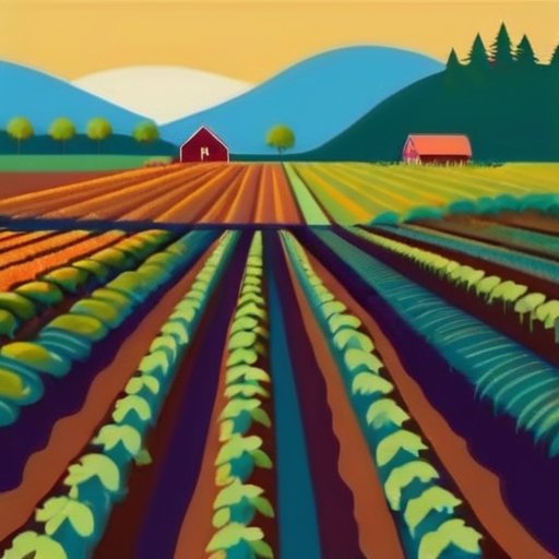 Поля сладкого картофеля с зелеными растениями и оранжевыми клубнями на фоне ясного неба и инструментов фермера.