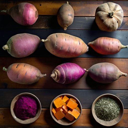 Разнообразные сорта сладкого картофеля на rustic столе с кулинарными принадлежностями и травами.