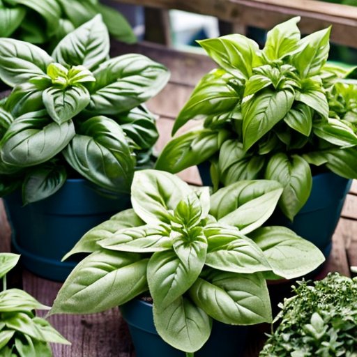 Сад базилика с зелёным, фиолетовым и лимонным базиликом, яркие травы, деревянные горшки, солнечная атмосфера.