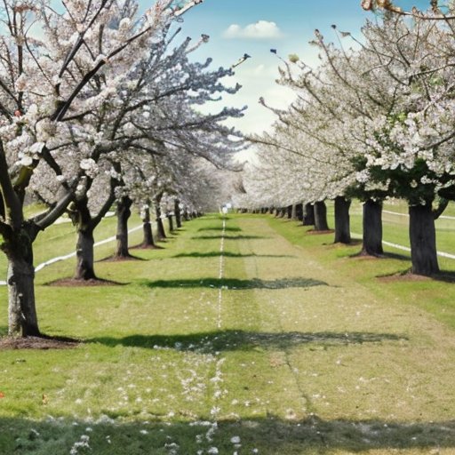 Сад в начале весны с белеными деревьями, зелеными листьями и цветами под ясным небом.