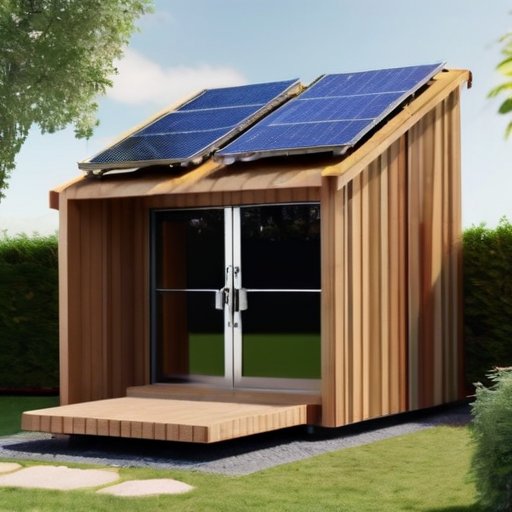 Современный биотуалет в природном окружении с компостированием, деревянной конструкцией, солнечными панелями и садом.