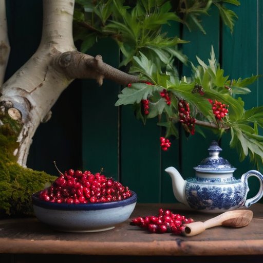 Цветущий боярышник в спокойном саду с ягодами и продуктами, связанными с ним.