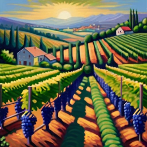 Пышный виноградник с крупными гроздьями спелых виноградин под ясным небом.