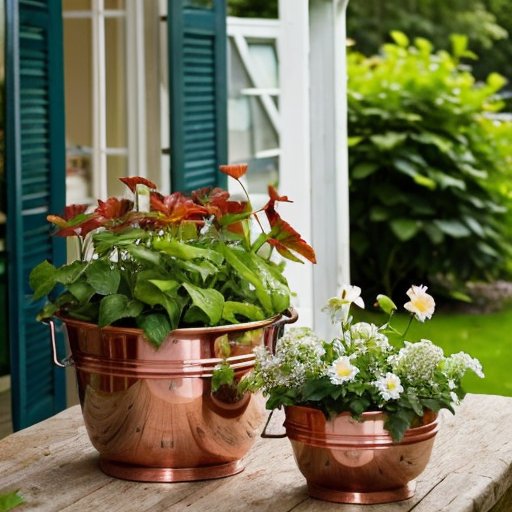 Сельский сад с деревянным столом и инструментами для приготовления бордосской смеси.