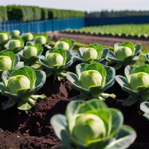 Сад с зелеными брюссельскими капустами на фоне голубого неба.