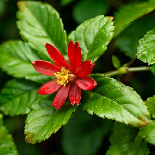 Яркий клюквенный куст с зелеными листьями, белыми цветами и красными ягодами в лесу.