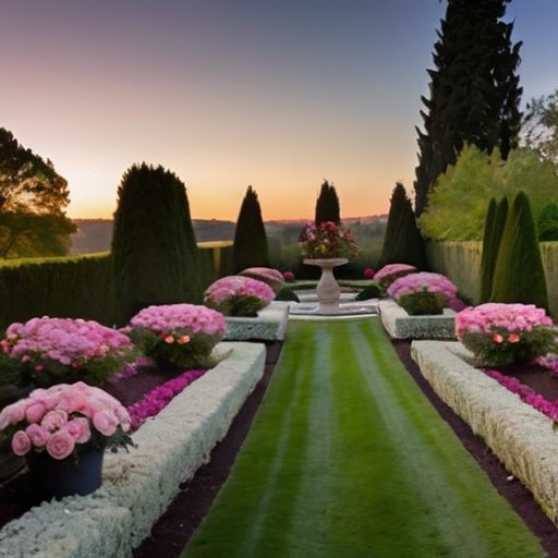 Яркий сад с гибридными чайными розами в полном цвете, разнообразные оттенки розового, красного и желтого, окруженные зелеными листьями.