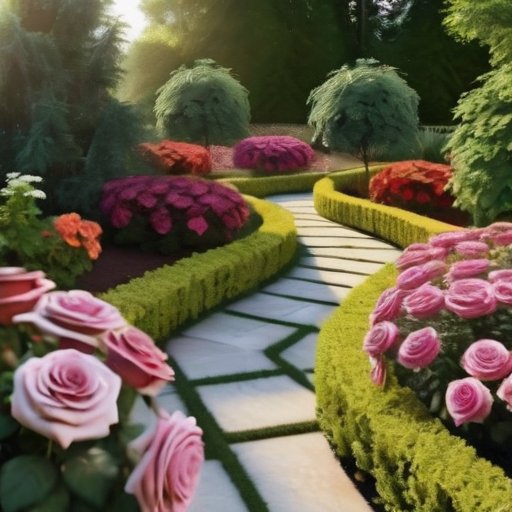 Яркий сад с чайными розами в полном цветении, ухоженные цветники и каменные дорожки.