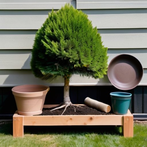 Спокойный сад с ярким деревом туи и аккуратными садовыми инструментами на фоне мягкого солнечного света.