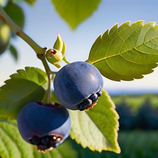 Плодоносящий куст черники с темно-синими ягодами и белыми цветами на фоне ясного неба.