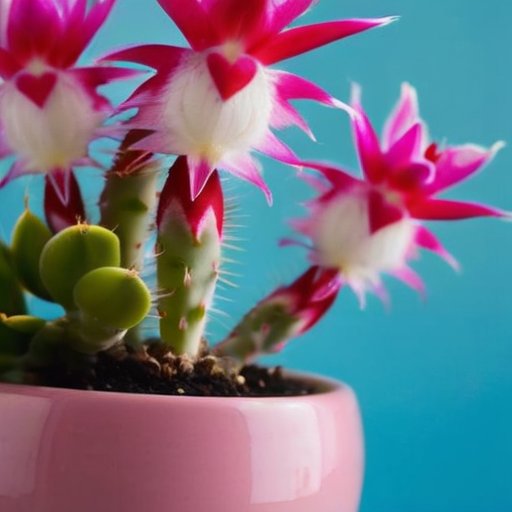 Цветущий декабрист в декоративном горшке на фоне светлого интерьера с элементами ухода: лейка, удобрения и садовые инструменты.