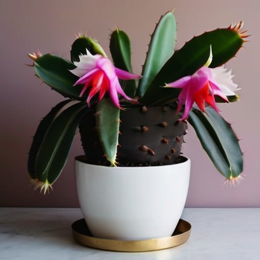 Цветущий рождественский кактус в уютном интерьере с удобрениями и поливочным кувшином.