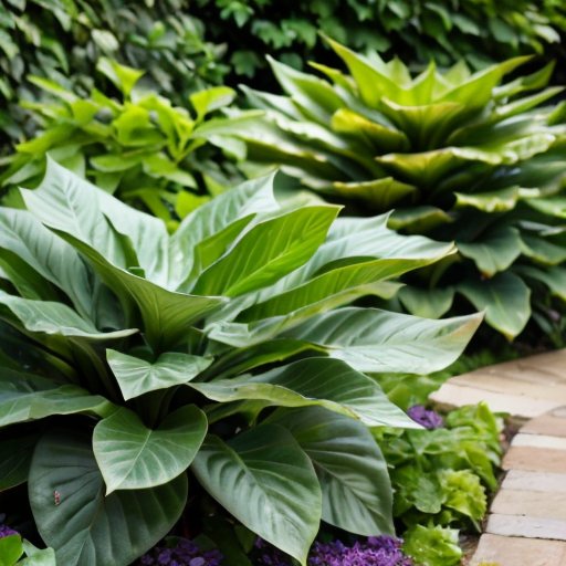 Яркий сад с декоративными капустами разных цветов и текстур на фоне зелени и тропинки.