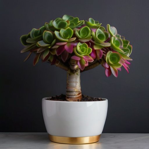 Денежное дерево в стильном горшке на фоне современного интерьера.