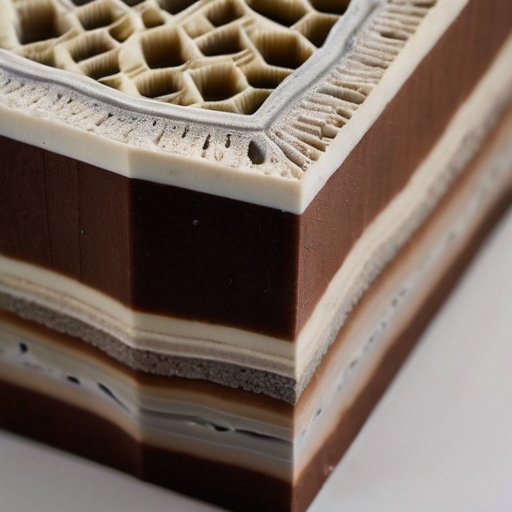 Срез диатомовой земли с текстурой и структурами диатомов, обозначенные слои, состав и применение в сельском хозяйстве и промышленности.