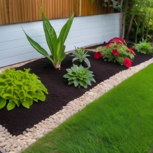 Яркий сад с зелеными растениями, влажной почвой и садовым инструментом на фоне голубого неба.