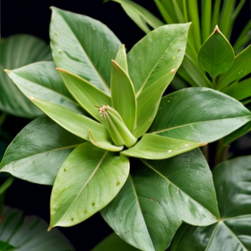 Яркий сад с растением дукк, его уникальными листьями и плодами, разнообразная флора и указатель с названием.