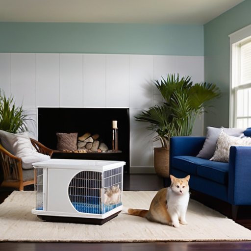 Уютная гостиная с разными местами для домашних животных: кошачье дерево, собачья кровать, аквариум, клетка для хомяков и уголок для экзотической птицы. Тепл