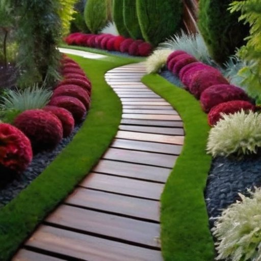 Красивый садовый путь из камня, гравия и деревянных досок, окруженный яркими цветами и зеленью.