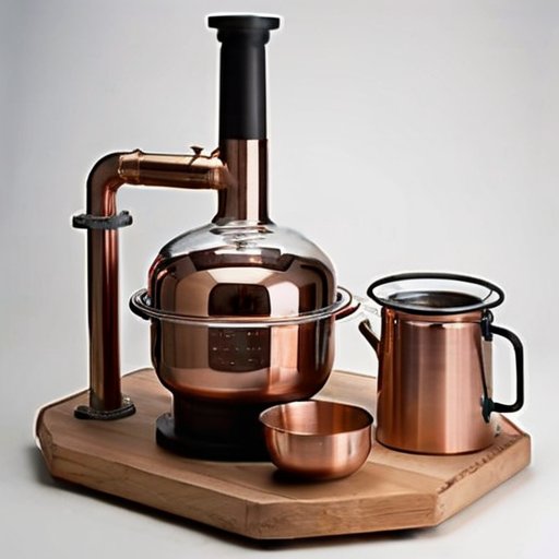 Традиционная дистилляционная установка с медной перегонкой, стеклянными элементами и ингредиентами.