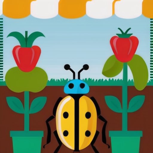 Яркий овощной сад с картошкой и помидорами, рука держит колорадского жука, расставлены ловушки и указатель методов естественной борьбы с вредителями.