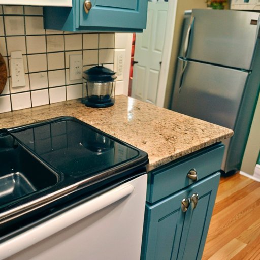 Чистая кухня с аккуратным столом и контейнерами, след муравьев к открытому окну.