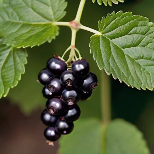 Здоровый куст черной смородины с зелеными листьями, черными ягодами и полезными насекомыми в окружении трав.