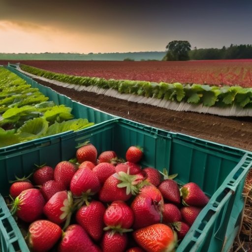 Сочная клубничная плантация после сбора урожая с зелеными листьями и яркими ягодами, окруженная органическими удобрениями и минеральными пакетами.