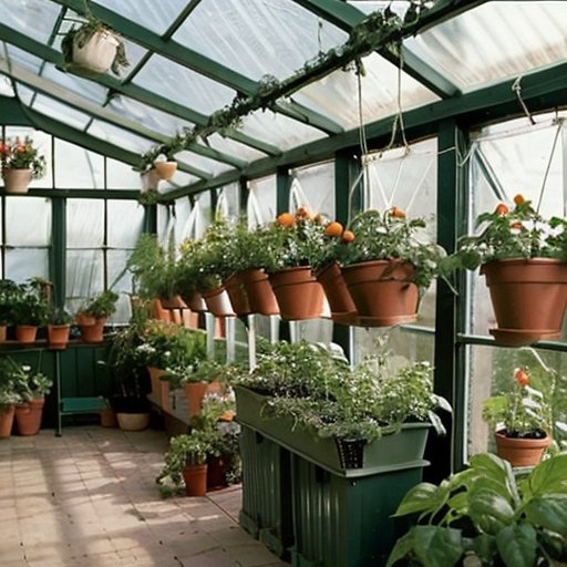 Упорядоченная теплица с томатами, треллисом и инструментами для ухода.