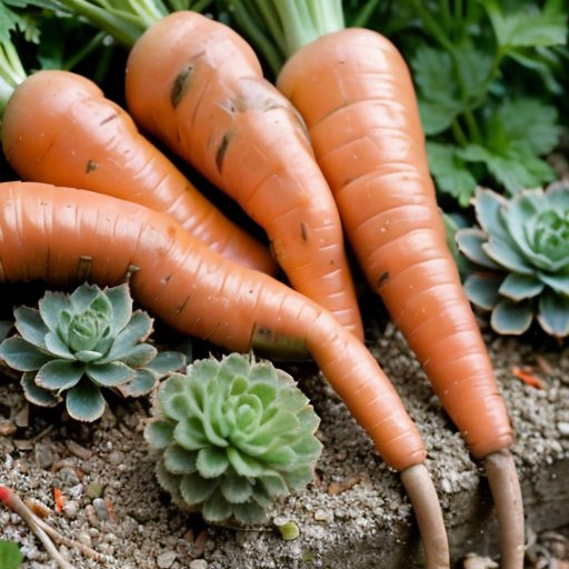 Упорядоченная грядка с расставленными семенами моркови, инструменты и здоровые ростки.