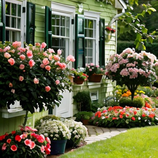 Весенний сад с ухоженными фруктовыми деревьями, кустарниками и садовыми инструментами.