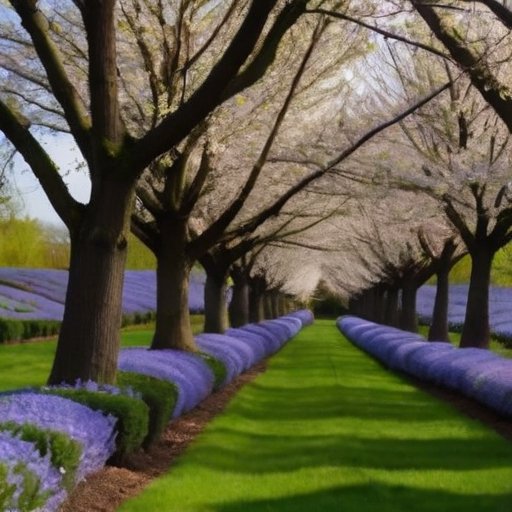 Сад в начале весны с цветущими фруктовыми деревьями, аккуратный грунт и инструменты для ухода.