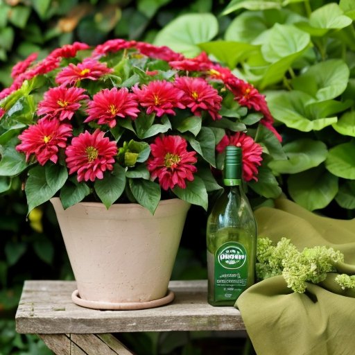 Сочный сад с зелеными растениями и поврежденными листьями от паутинного клеща, на переднем плане бутылка Фитоверм.