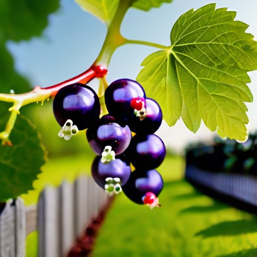 Чёрная смородина с ягодами, поражённая тлём, рядом с бутылкой натурального инсектицидного мыла на фоне солнечного сада.