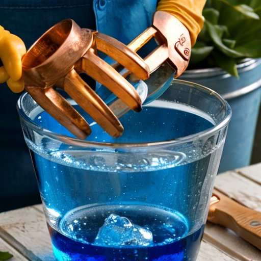 Стеклянный стакан с синим раствором медного купороса, окруженный садовыми инструментами и защитными очками.