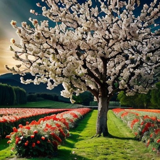 Солнечный весенний сад с фруктовыми деревьями и раствором медного купороса.