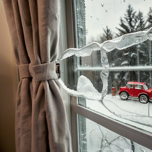 Уютное зимнее окно с теплыми шторами и снежным пейзажем снаружи.