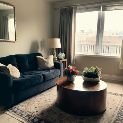 Уютная квартира с открытыми окнами, светлой мебелью и растением на подоконнике.