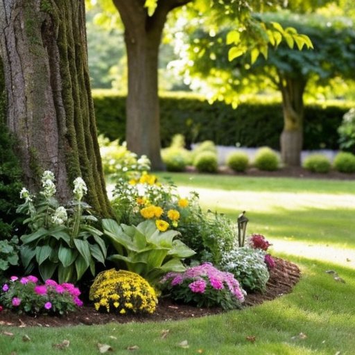 Сочный сад с здоровыми растениями, мхом, лужами и солнечными участками; инструменты для ручной работы и натуральные элементы.