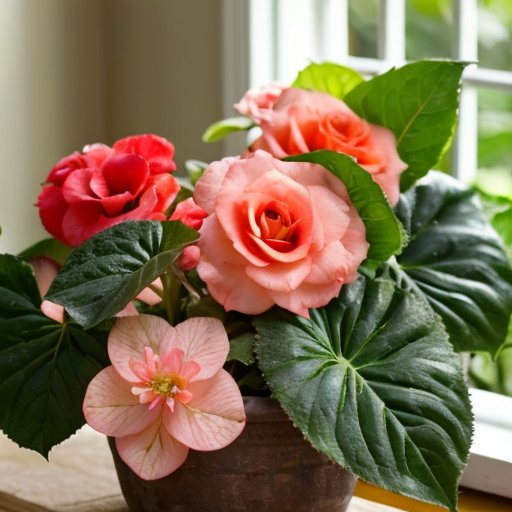 Уютная сцена домашнего садоводства с бегониями, инструментами и ярким солнечным светом.