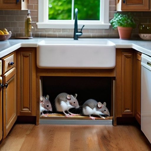 Уютная кухня с признаками мышиной infestации: следы, грызенные шкафы и ловушка под раковиной.