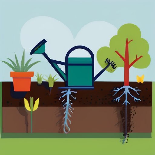 Солнечный сад с зелеными растениями, видимыми корнями, удобрением